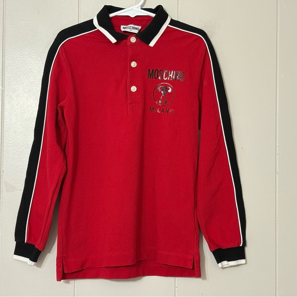 Moschino Kids Milano Logo Long Sleeve Polo Shirt Red Black Size 8A Designer